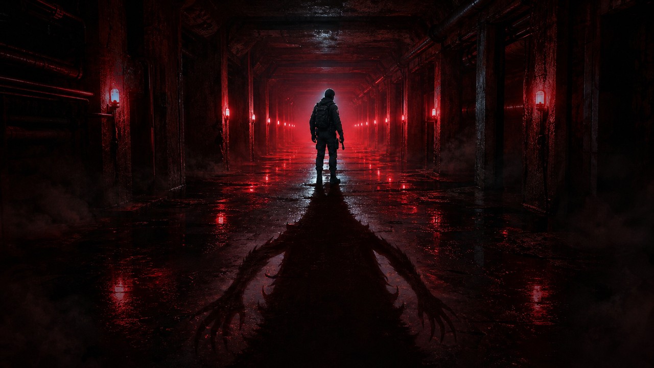A figure in a red-lit corridor casting the shadow of something not human