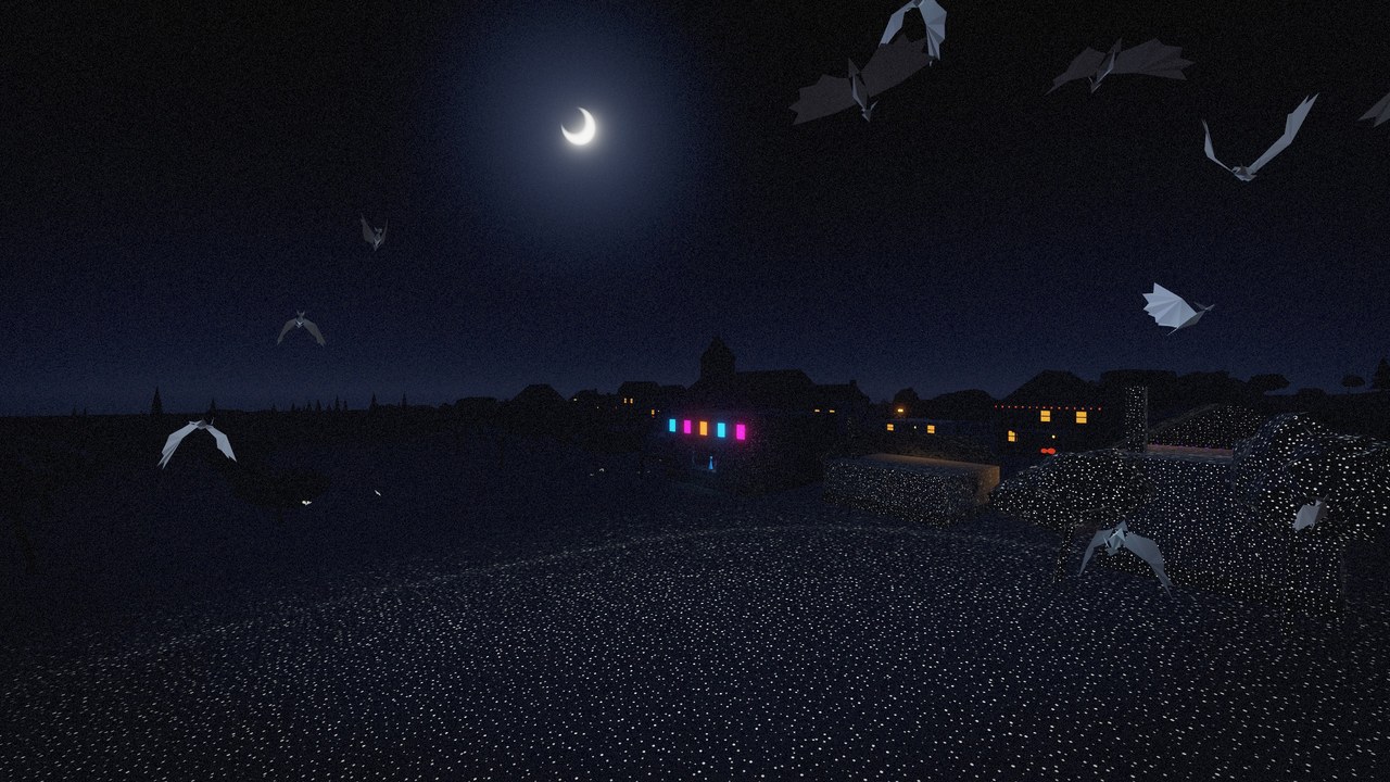 Bats wheeling over a dark town under a thin crescent moon, the ground made of points of pale light, a house with pink and blue party windows on the far street