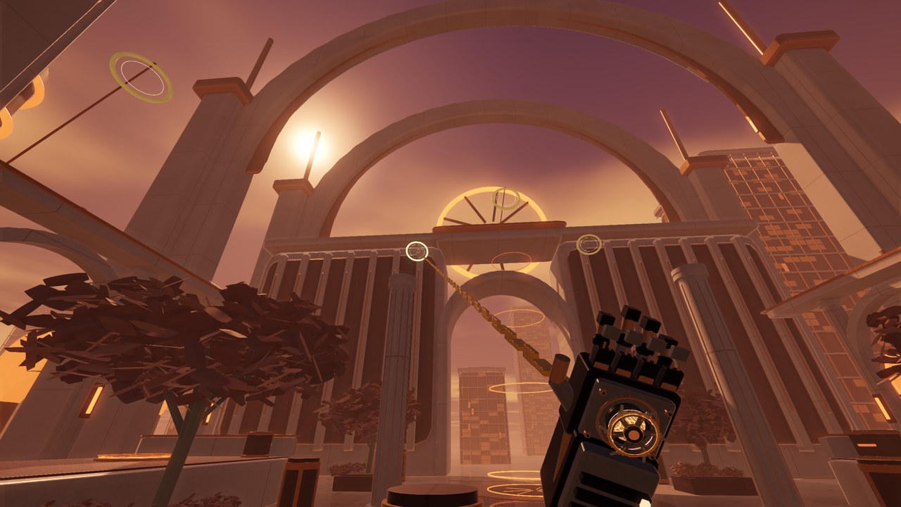 A heavy gauntlet with a wheel on the back of the hand, its chain run up to a gold ring on a stone facade under huge arches at sunset