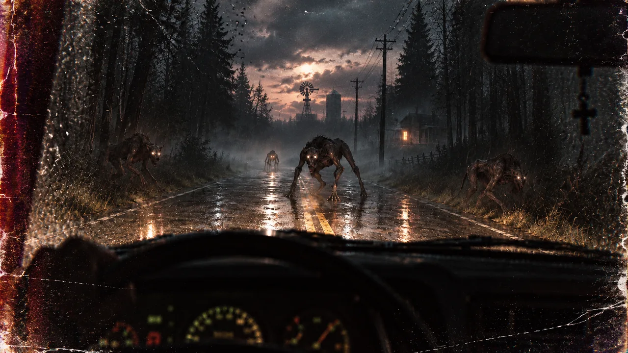 Through a rain-streaked windscreen at dusk, gaunt long-limbed things with lit eyes stand on a wet back road between the pines, one farmhouse window glowing beyond