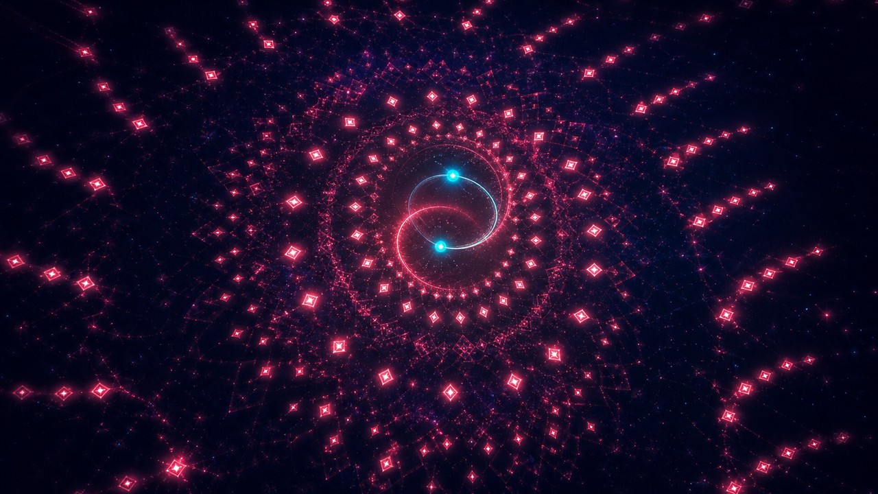 Two cyan lights on interlocking rings at the center of a vast spiral of rose bullets