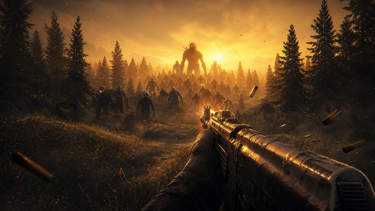 A rifle raised toward a horde massing in a golden pine forest