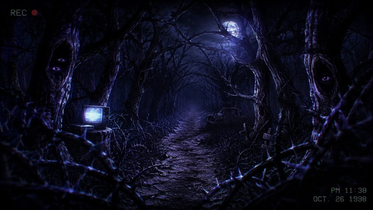 A moonlit forest path closing between twisted trees, watched by eyes in the trunks and recorded on VHS