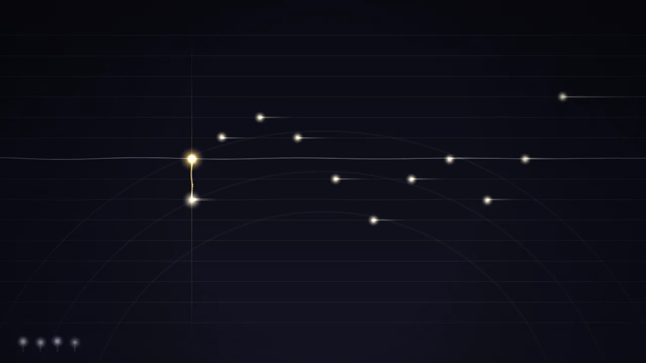 A gold flame and a pale flame joined by a glowing thread across dark strings