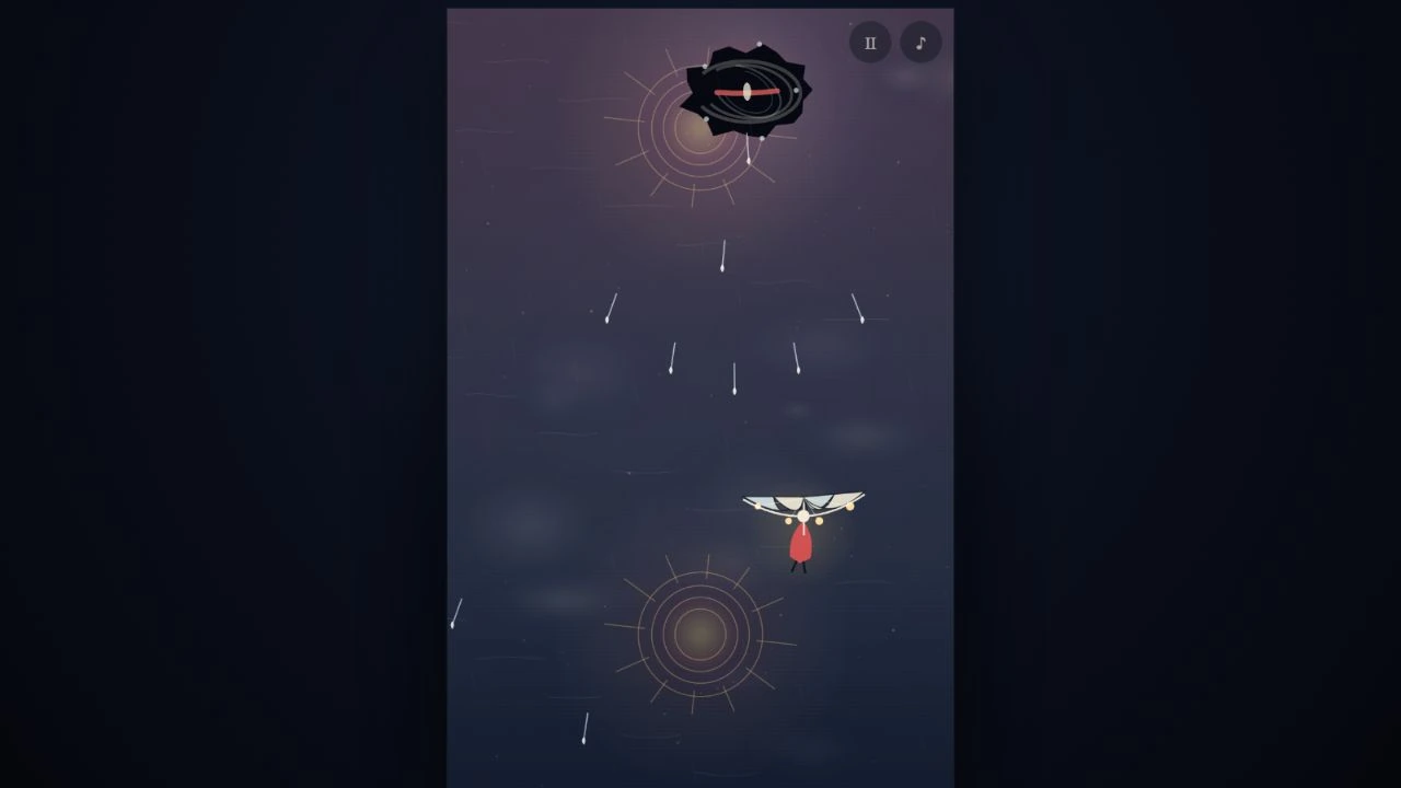 An umbrella rider descending through a dark blue storm beneath a black wound in the sky, surrounded by white falling drops and gold rings of light