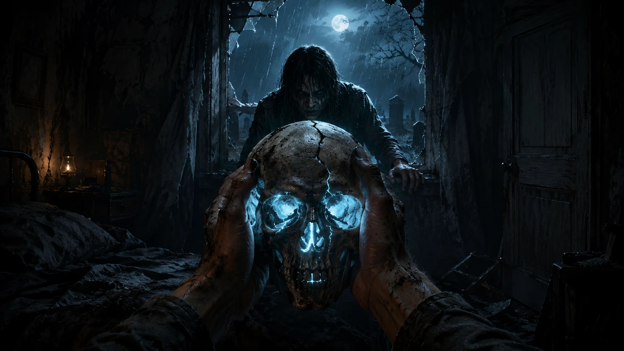 A cracked skull held in two hands as a wet, long-haired figure climbs through a ruined window from a moonlit graveyard