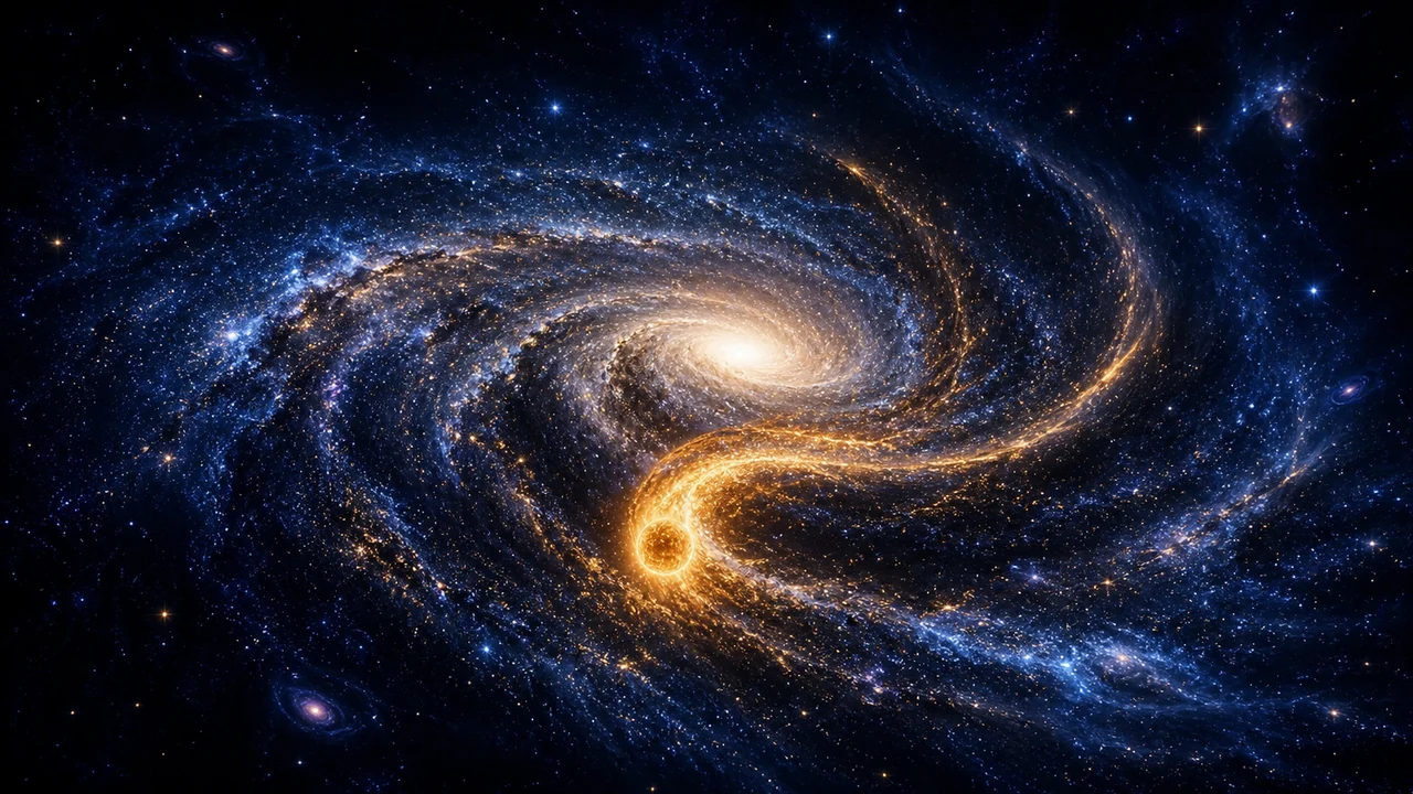 A luminous spiral galaxy warping around a blazing golden perturber
