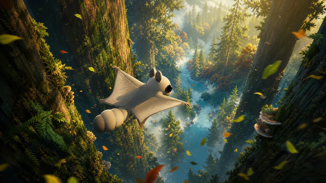 A flying squirrel gliding between colossal sunlit trunks