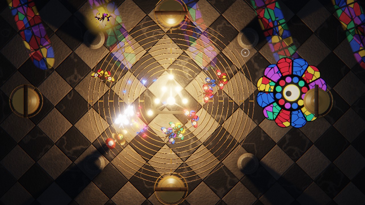 A dark church floor seen from above: seven candles on an iron triangle, a small red figure throwing a spinning light on a chain, stained-glass moths, and a rose window with an eye in the middle of it