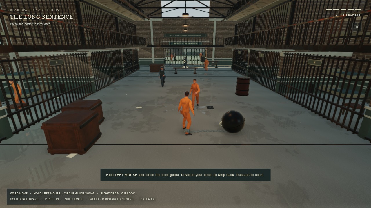 A prisoner in orange drags an iron ball and chain through a two-storey cell block, with guards and other prisoners ahead