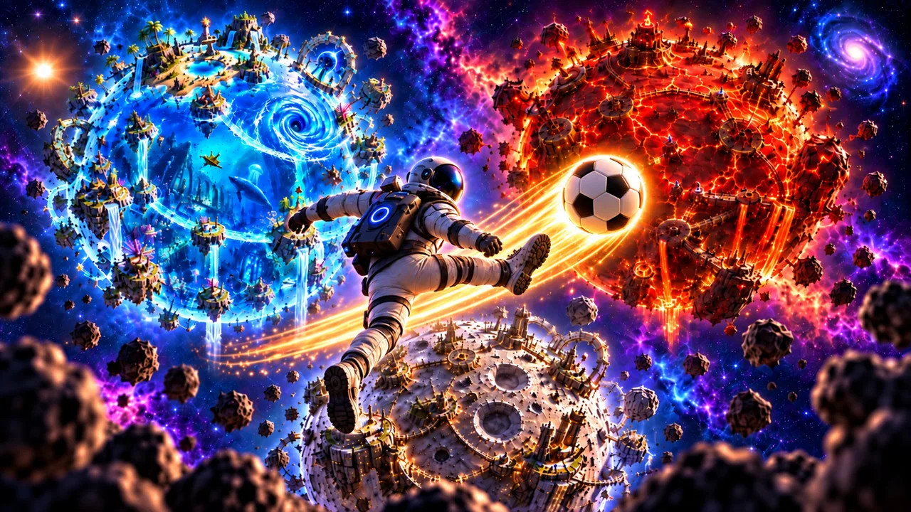 An astronaut mid-kick between three small worlds, a blue water moon, a red lava moon and a cratered white one, the ball blazing a trail of fire ahead