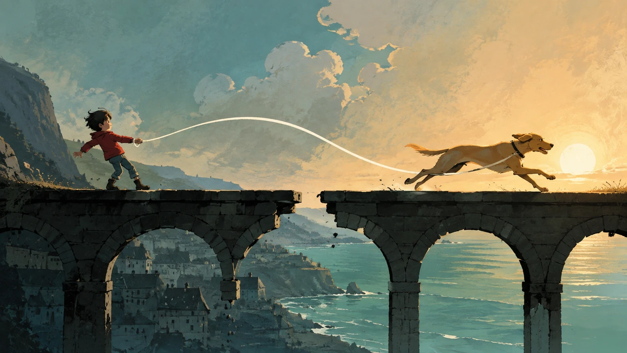 A kid in a red jacket at the broken edge of a stone viaduct, a taut white leash running across the gap to a tan dog on the far side, a low sun over the sea behind them