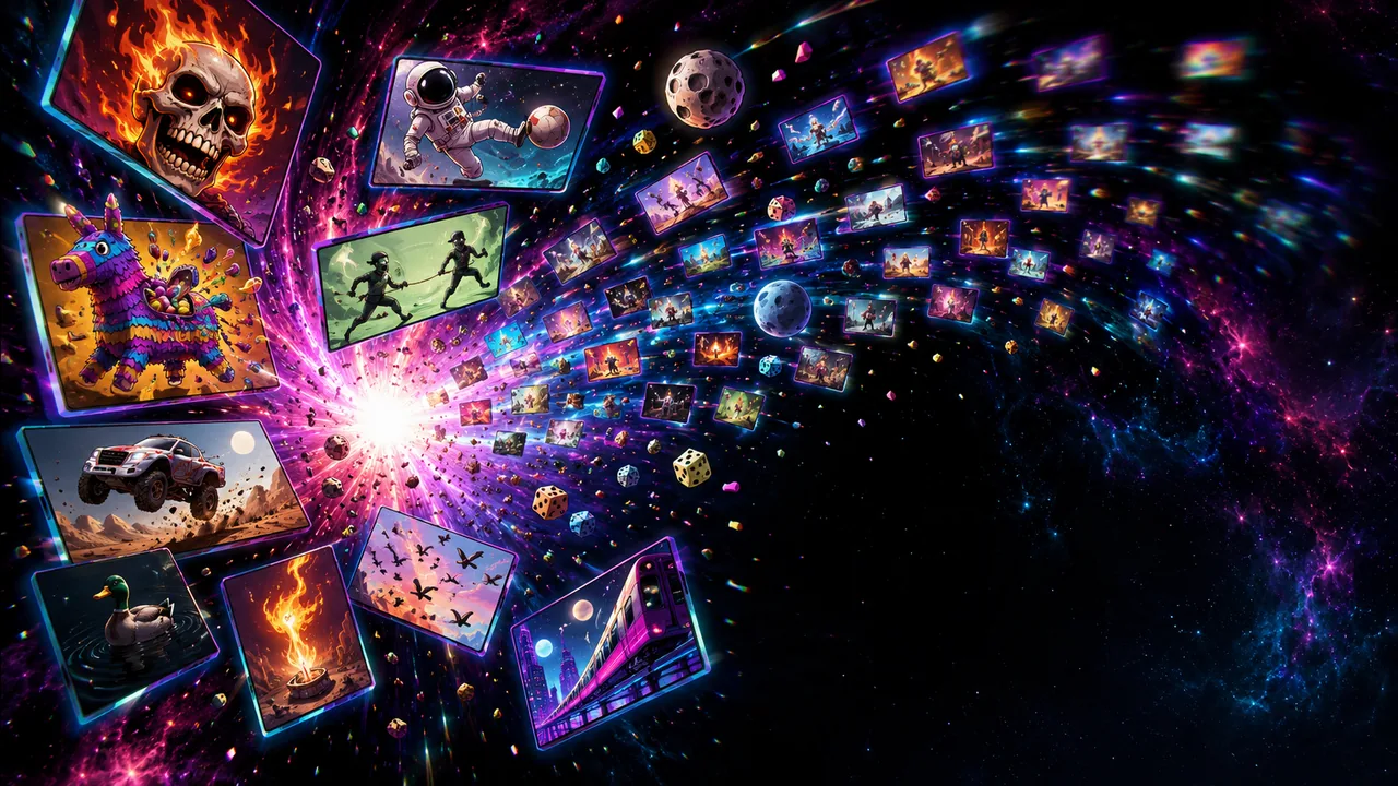 Dozens of game screens bursting out of a white flash in deep space, a flaming skull, a piñata, an astronaut chasing a ball, a duck, a rally truck and a neon monorail nearest the front and the rest trailing off into the stars