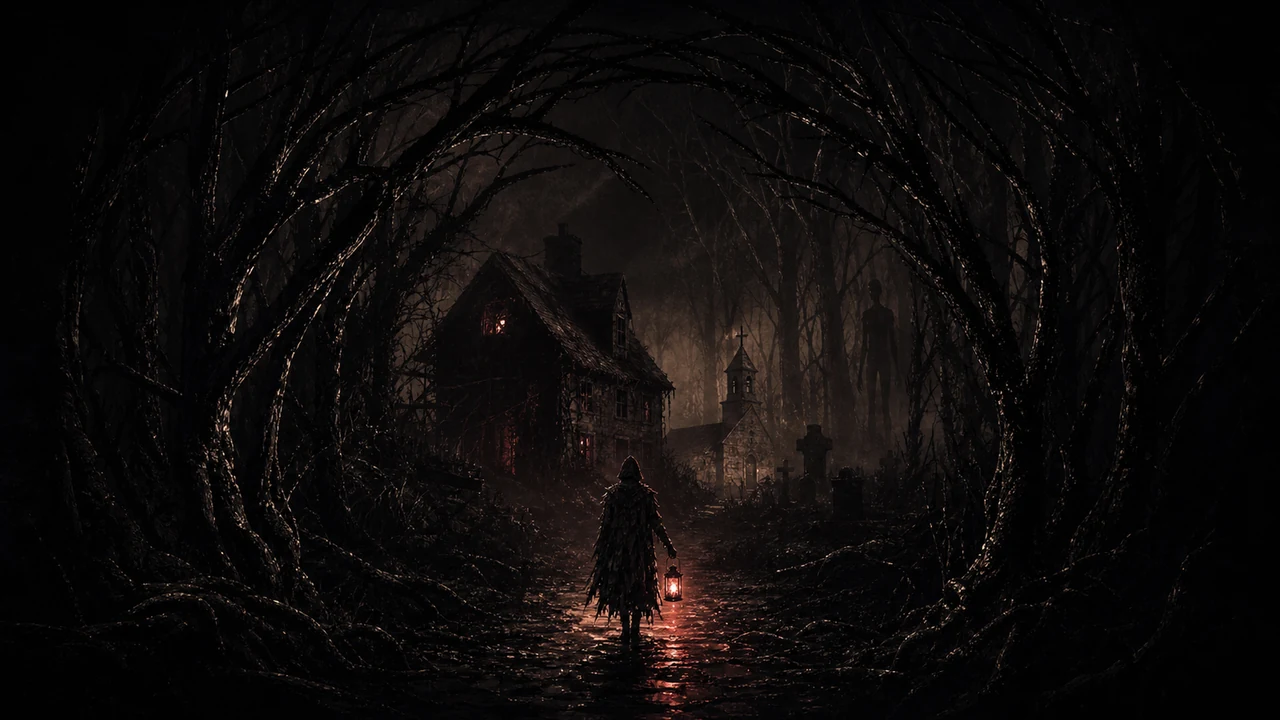 A lantern-carrying figure on a black wooded path toward a distant house