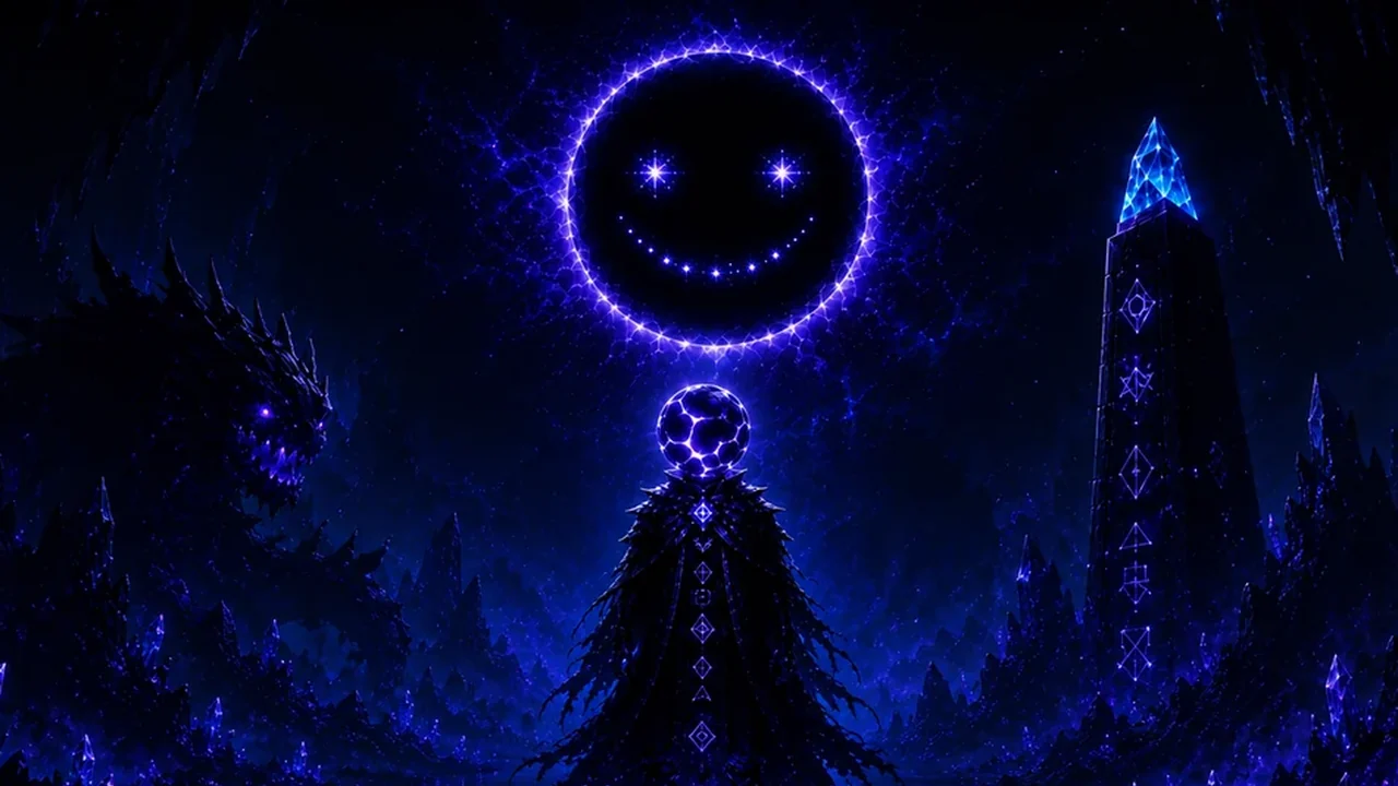 A moon-headed traveler in a crimson coat beneath a fractured night sky