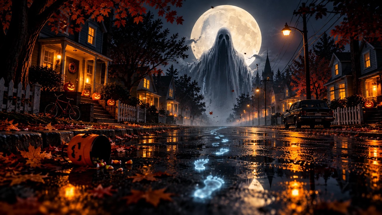 A wet street of lit houses on Halloween night: a pumpkin bucket of candy spilled in the gutter, a trail of glowing footprints leading down the road, and at the end of it a giant figure in a bedsheet standing in front of a full moon