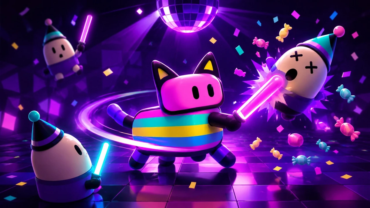 A neon piñata swinging through party guests on a glossy dance floor
