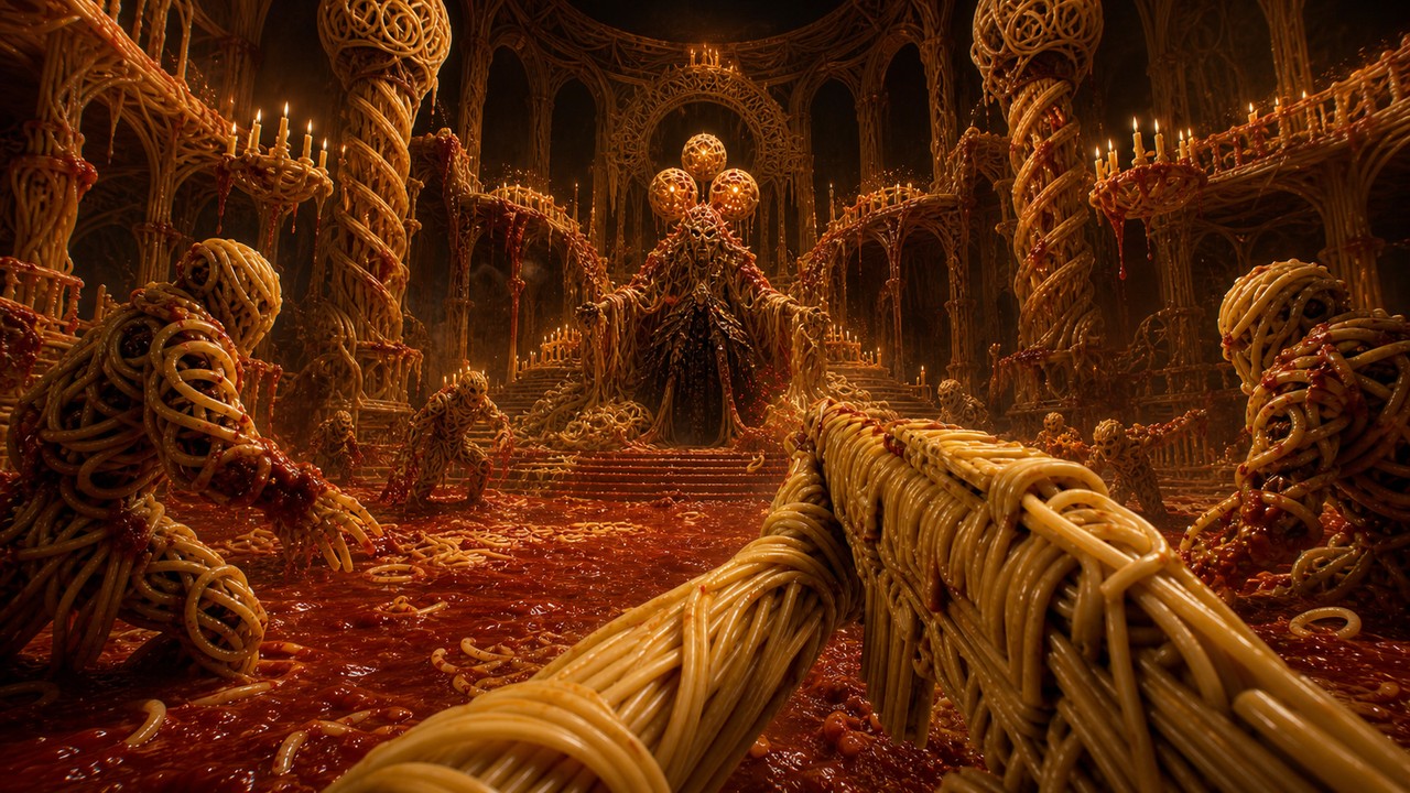 A spaghetti weapon raised in a pasta cathedral flooded with marinara