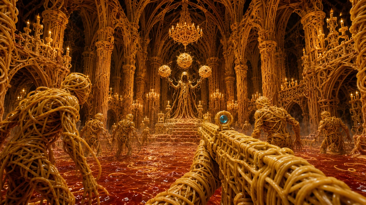 A spaghetti weapon raised in a pasta cathedral flooded with marinara