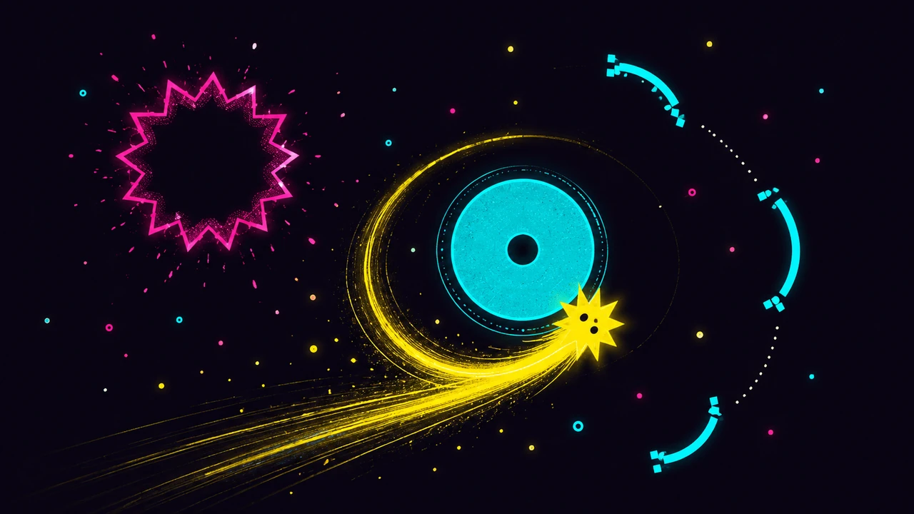 A tiny glowing sun moving among pink, cyan and gold gravity objects in a dark musical field