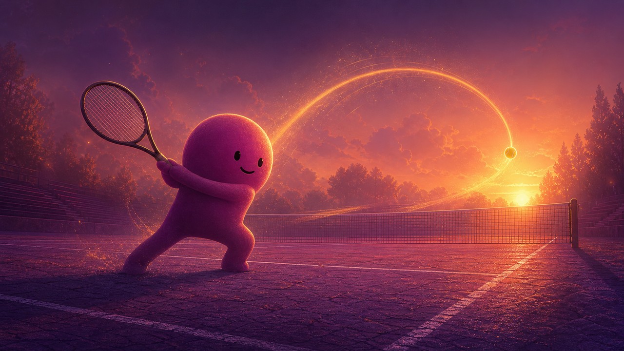 A round magenta rival mid-swing on a sunset court, the ball arcing overhead