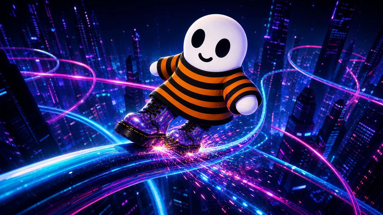 A round white runner in an orange-striped sweater grinding a neon rail above a city