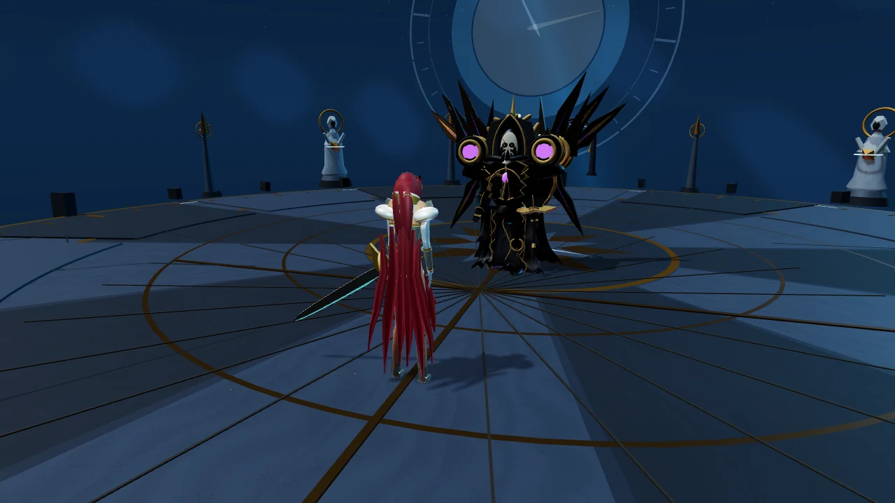 A red-haired duelist in pearl armour stands on a vast blue clock-face arena with her blade drawn, facing a black and gold saint with a skull mask and two magenta eyes beneath a great clock