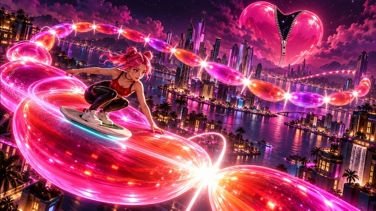 A pink-haired rider crouched low on a hoverboard, carving along a glowing ribbon of pink and orange bubbles above a neon city on the water at night, a huge glossy heart unzipping in the sky behind her
