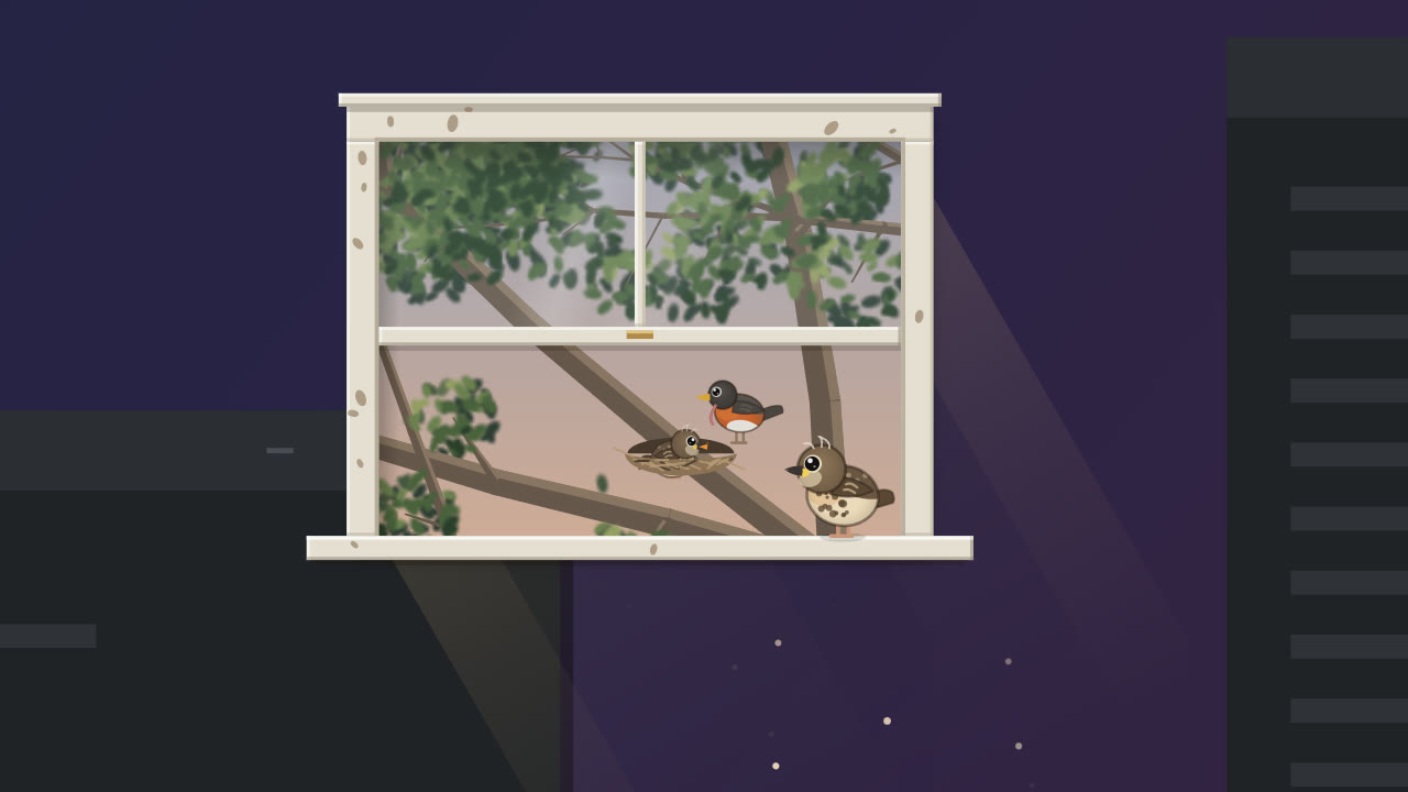 An old cream-painted sash window open on a dark computer desktop. Through it, at sunset, a robin with a worm stands over a nestling in a nest; a speckled fledgling stands on the sill outside, looking back in, and the window's light falls on the desktop below