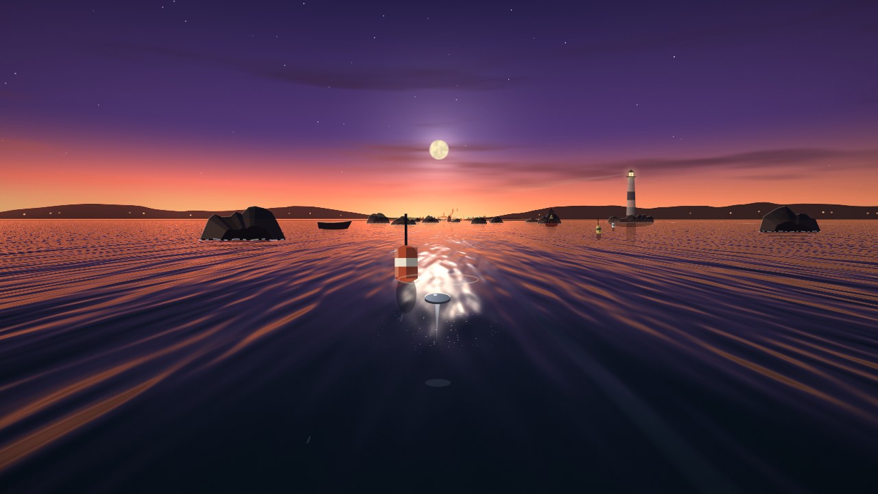 A stone skimming a bay at dusk past a red-and-white buoy, its ring on the moon’s path across the water, a lighthouse and hills behind