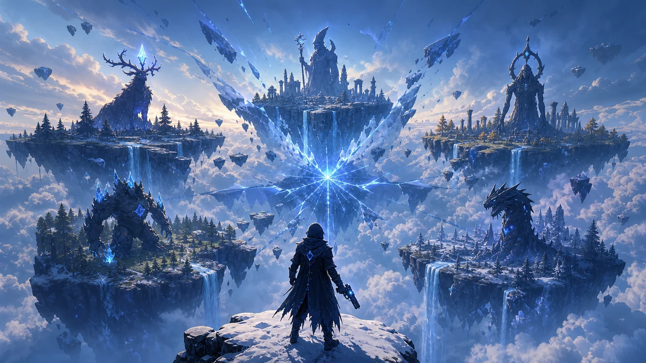 A lone figure on a ledge facing floating islands ringed around a fracture in the sky
