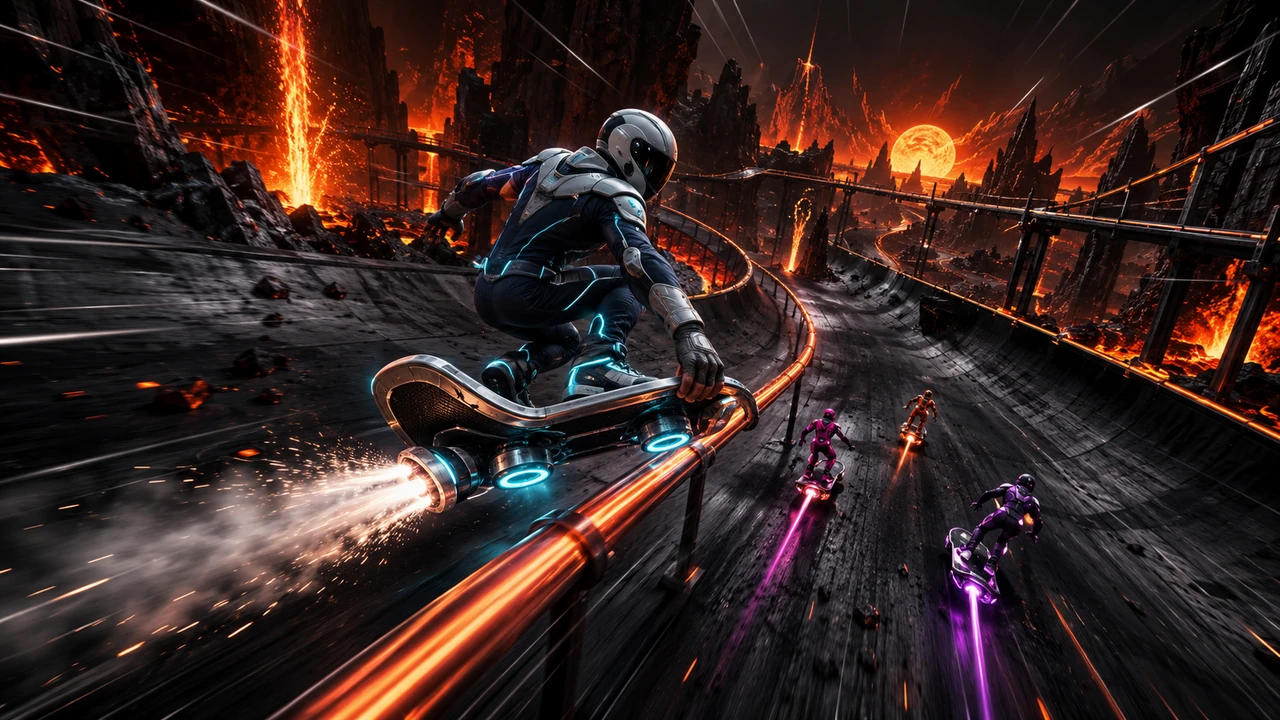A rider standing on a lit board on a red canyon road, white speed streaks tearing past on both sides, a violet rival riding alongside
