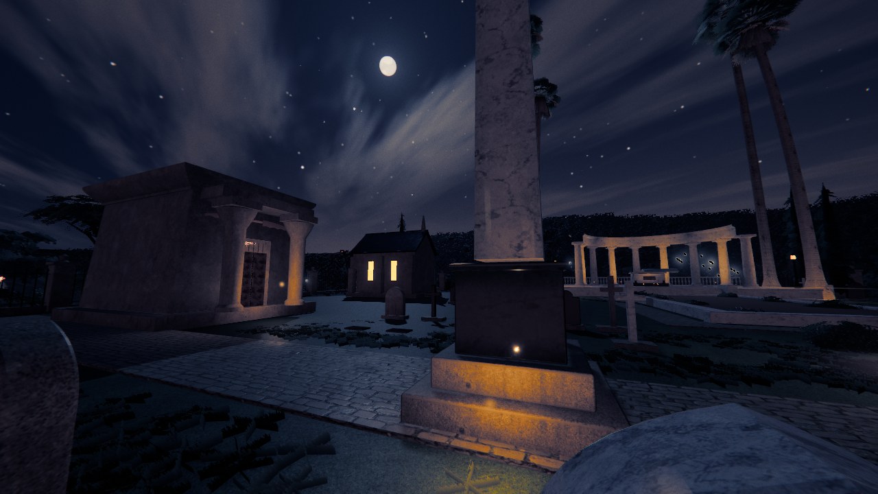 A cemetery at night under a full moon and a sky of stars and thin cloud: a tall marble obelisk on a lit plinth in front, a columned mausoleum on the left, a small chapel with its two windows lit, a colonnade with a car parked beyond it, and palms against the sky on the right