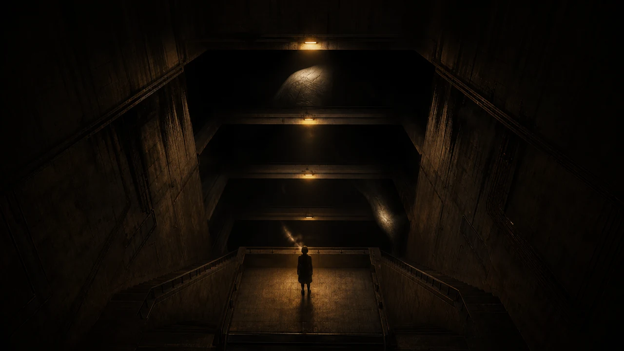 A small figure stopped on descending concrete landings under amber light
