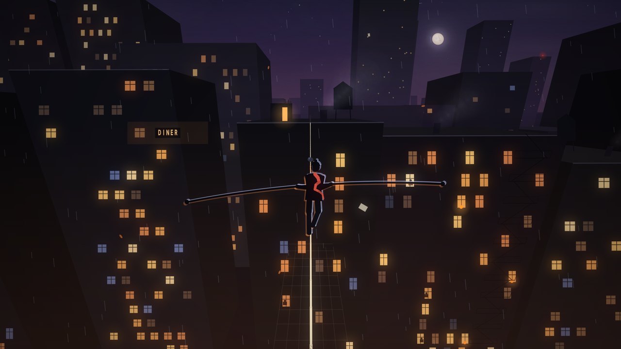 A tightrope walker with a long balance pole, seen from behind, halfway across a rope between two buildings on a rainy night, hundreds of lit windows, a DINER sign on the left, the moon over the roofs