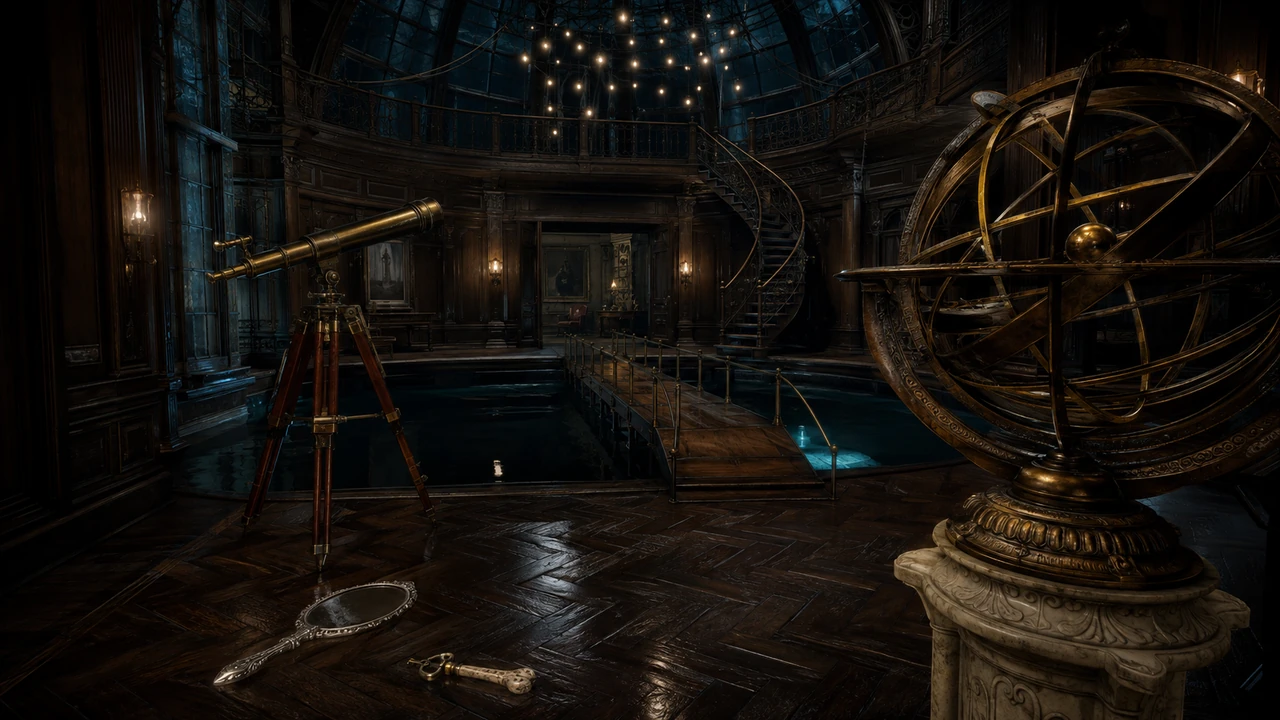 A brass telescope and armillary rings beneath green-gold observatory coils, overlooking a dark indoor pool in an impossible haunted mansion