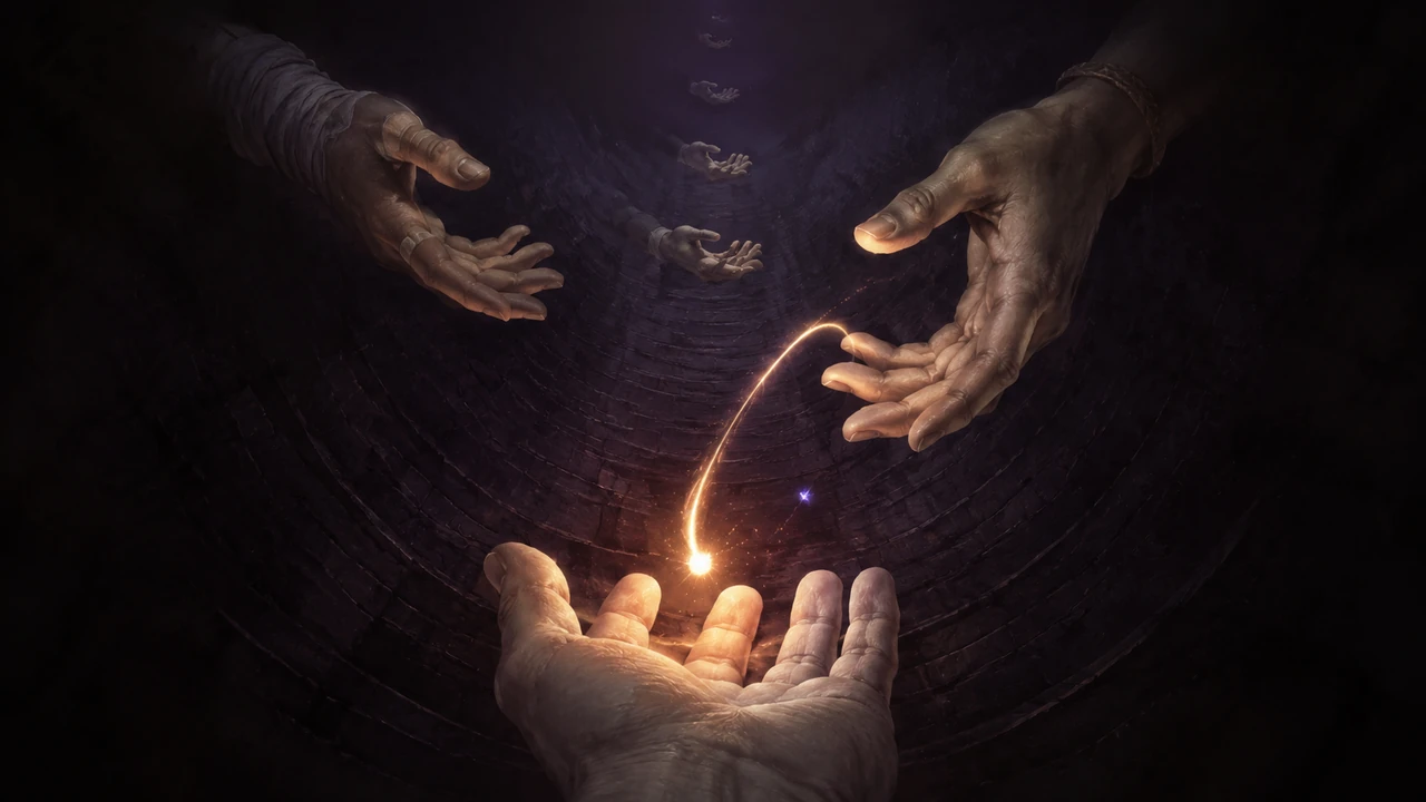 Two pale hands reaching toward each other in the dark, a small warm light held in the lower palm