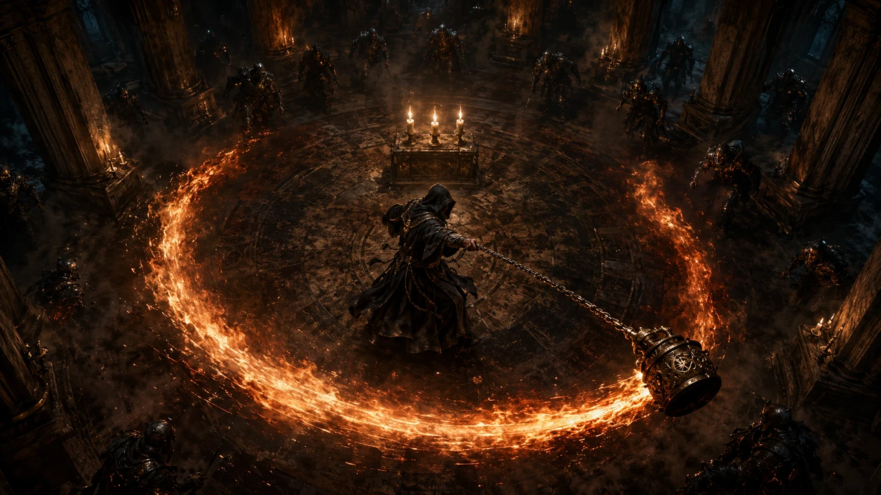A hooded thurifer at the centre of a candlelit cathedral floor, swinging a brass censer on a long chain through a burning orange arc, with armoured figures closing in out of the dark at the edges