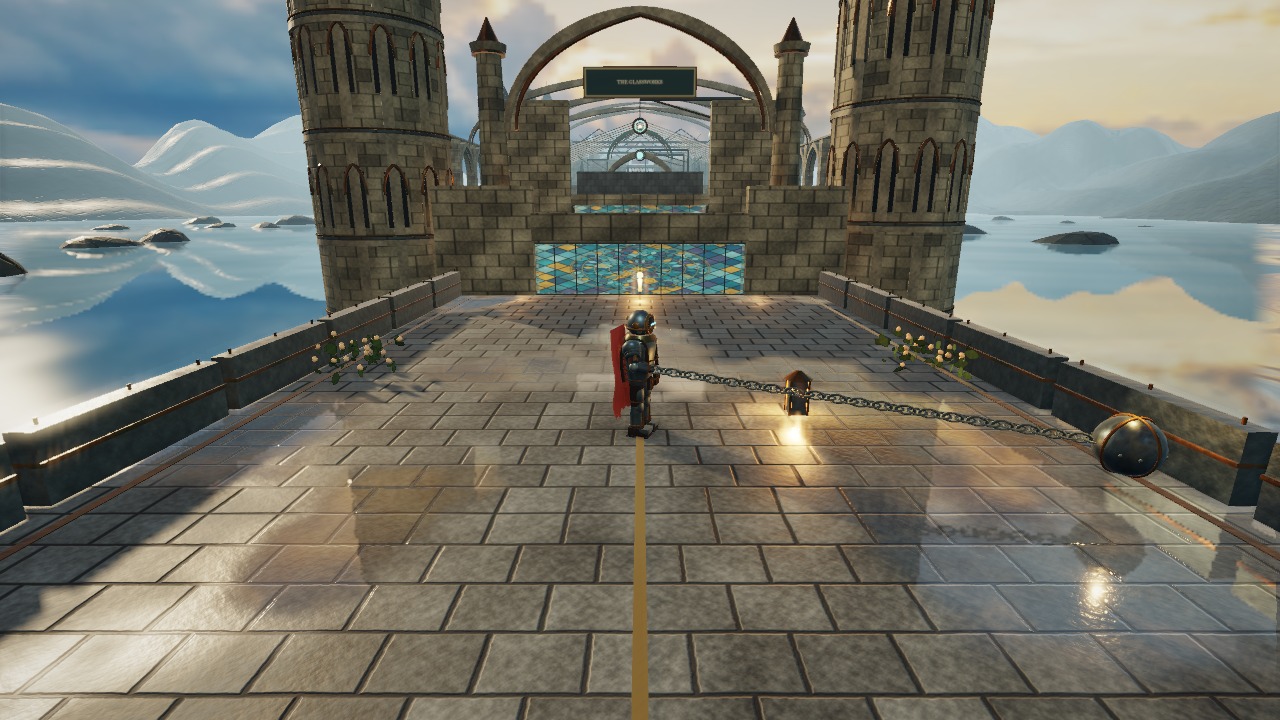 A figure on a stone quay over a still sea, a chained weight swung out to one side, facing a gateway of stained glass under two towers
