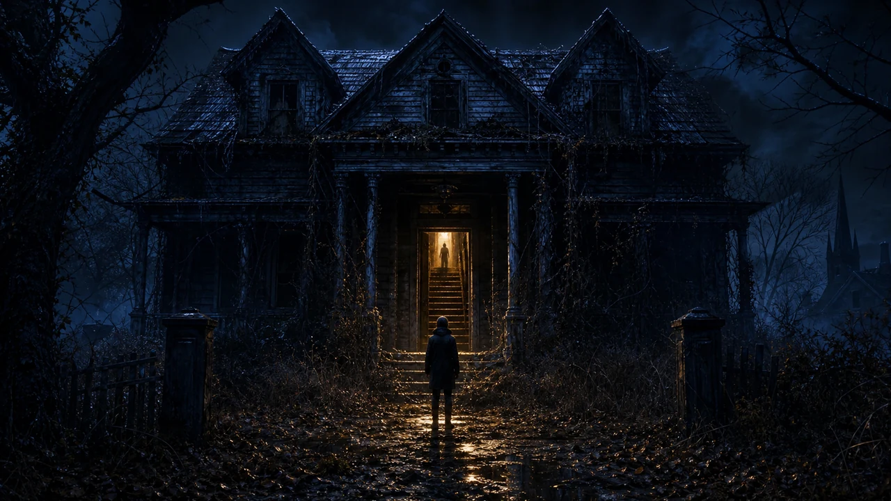 A figure outside a dark house, facing a lit doorway and the silhouette at the top of the stairs
