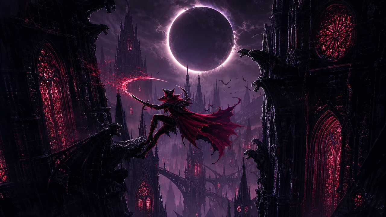 A crimson-cloaked hunter mid-leap between gothic spires under an eclipsed moon