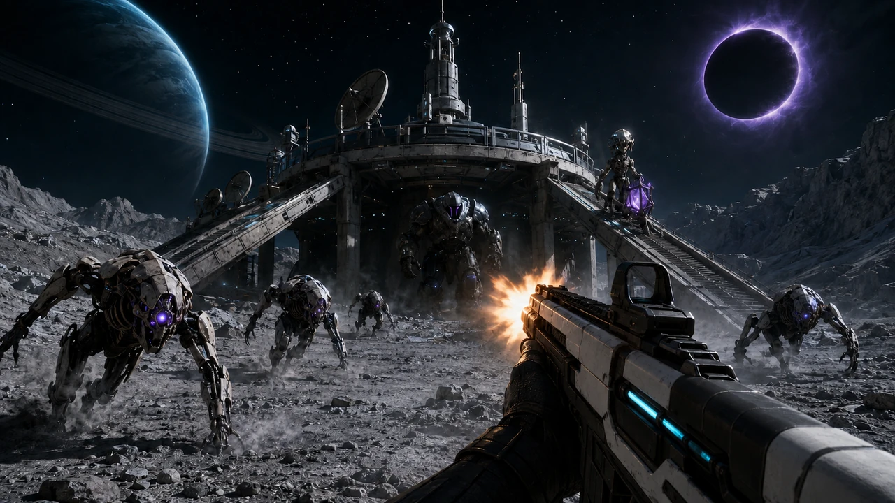 A rifle firing across a moon flat toward a lit relay tower with two ramps, spider-legged machines charging in from every side, under a ringed planet and a violet eclipse