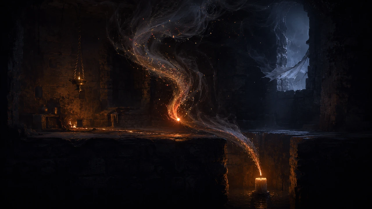 A bright spark riding a curling ribbon of smoke and embers up from a lone candle in a dark stone chamber
