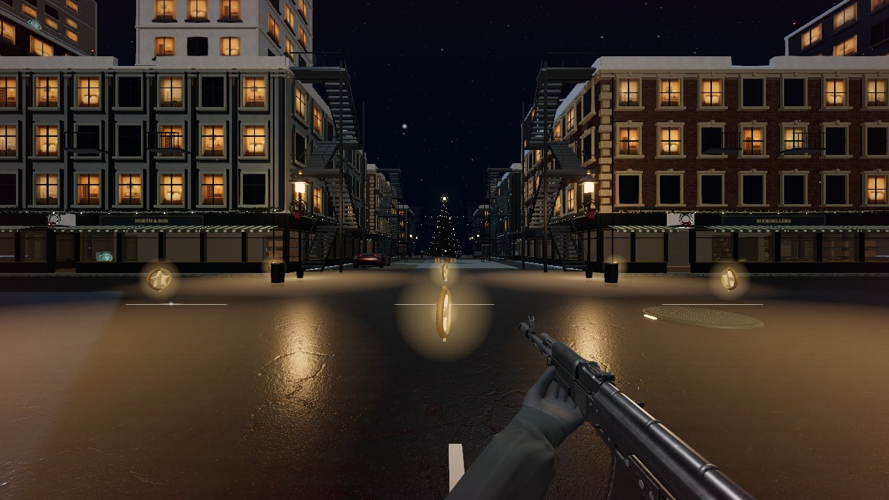 A snowy city street at night with lit windows down both sides and a Christmas tree at the far end, seen over the barrel of a carbine