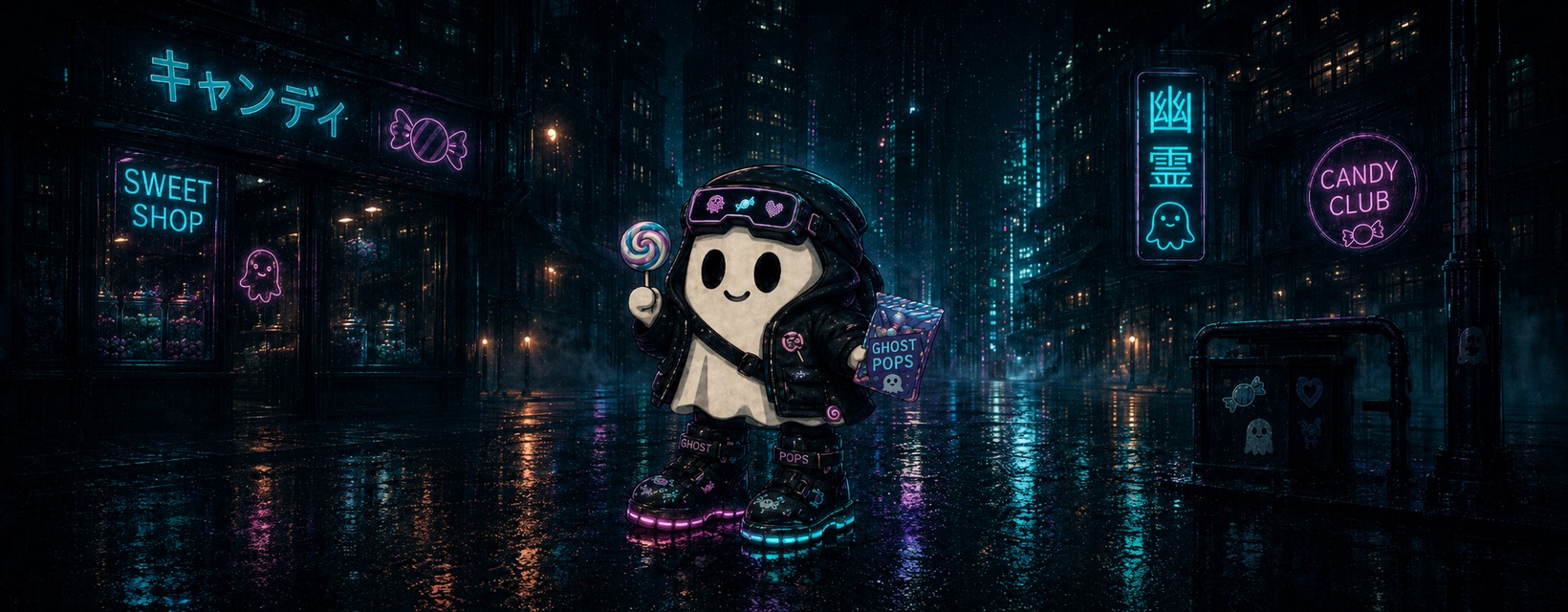 A candy-loving ghost in a dark rain-soaked neon city, holding a lollipop and a bag of Ghost Pops