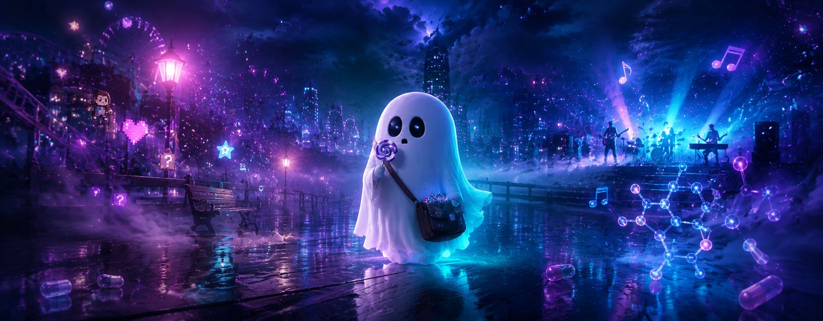 A candy-loving ghost in a dark rain-soaked neon city, holding a lollipop and a bag of Ghost Pops